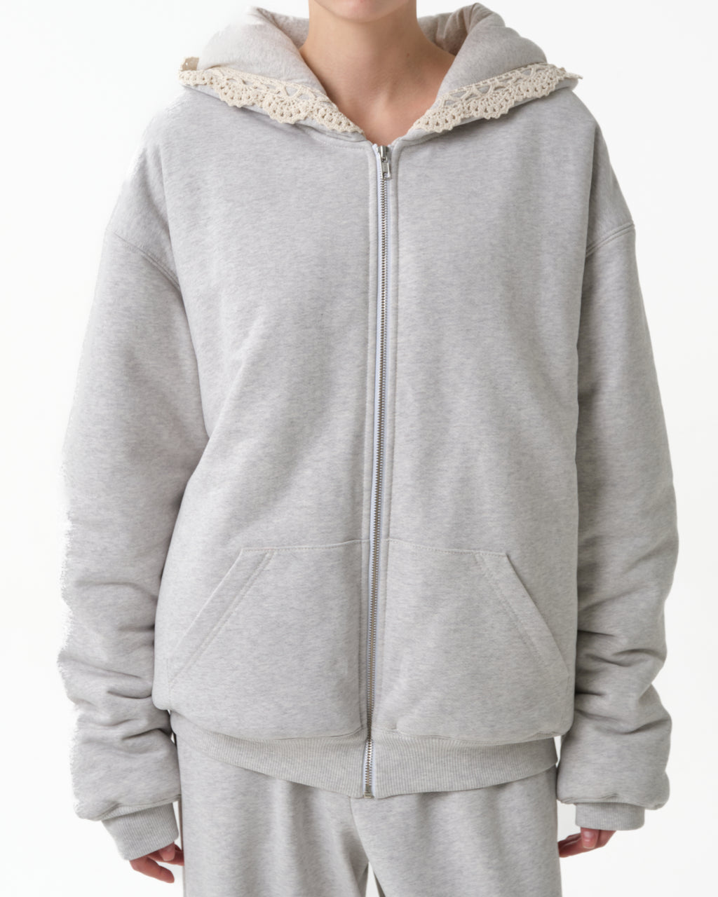 Lace-Detail Zip-Up Hoodie