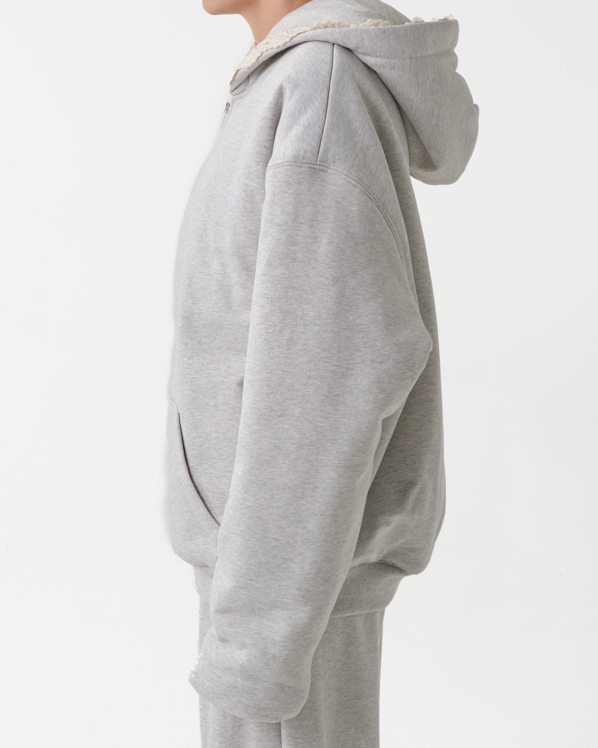Lace-Detail Zip-Up Hoodie