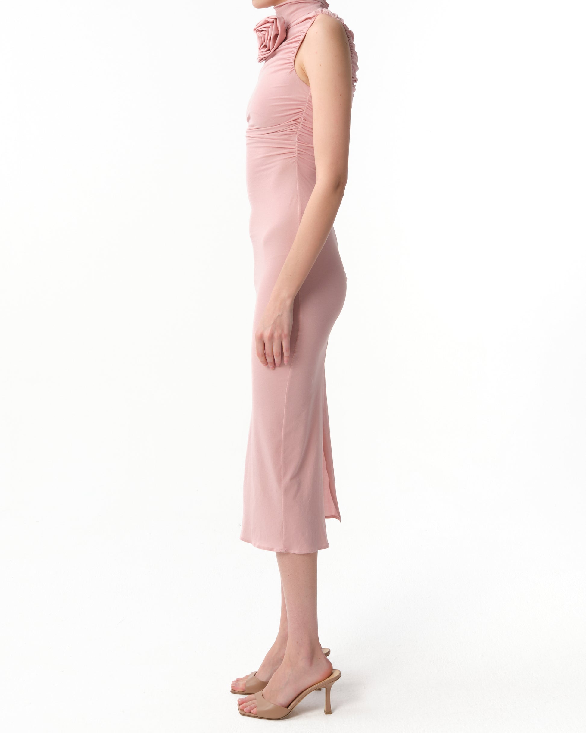 Ruched Mock-Neck Midi Dress