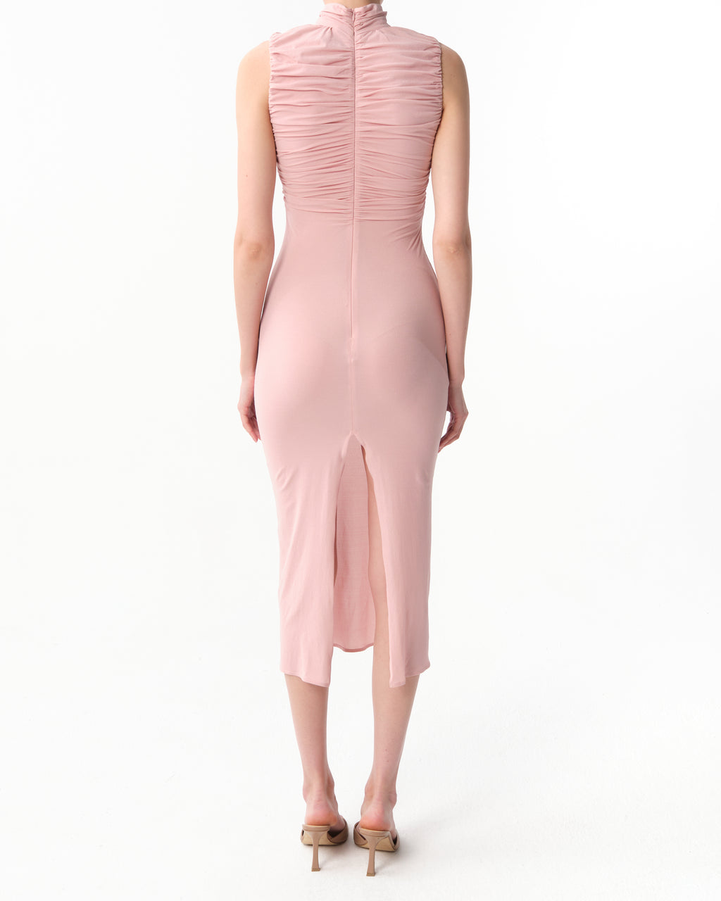 Ruched Mock-Neck Midi Dress