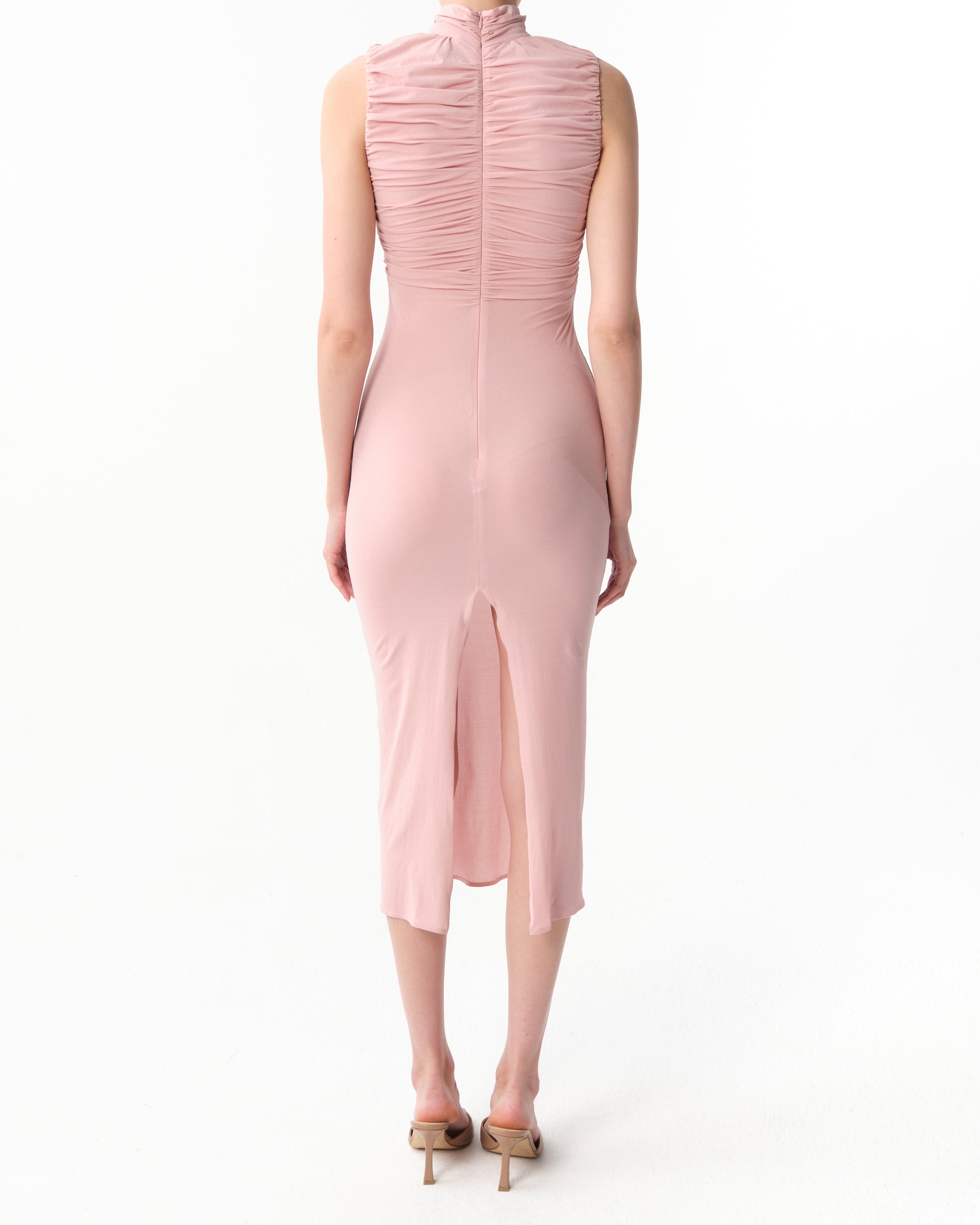 Ruched Mock-Neck Midi Dress