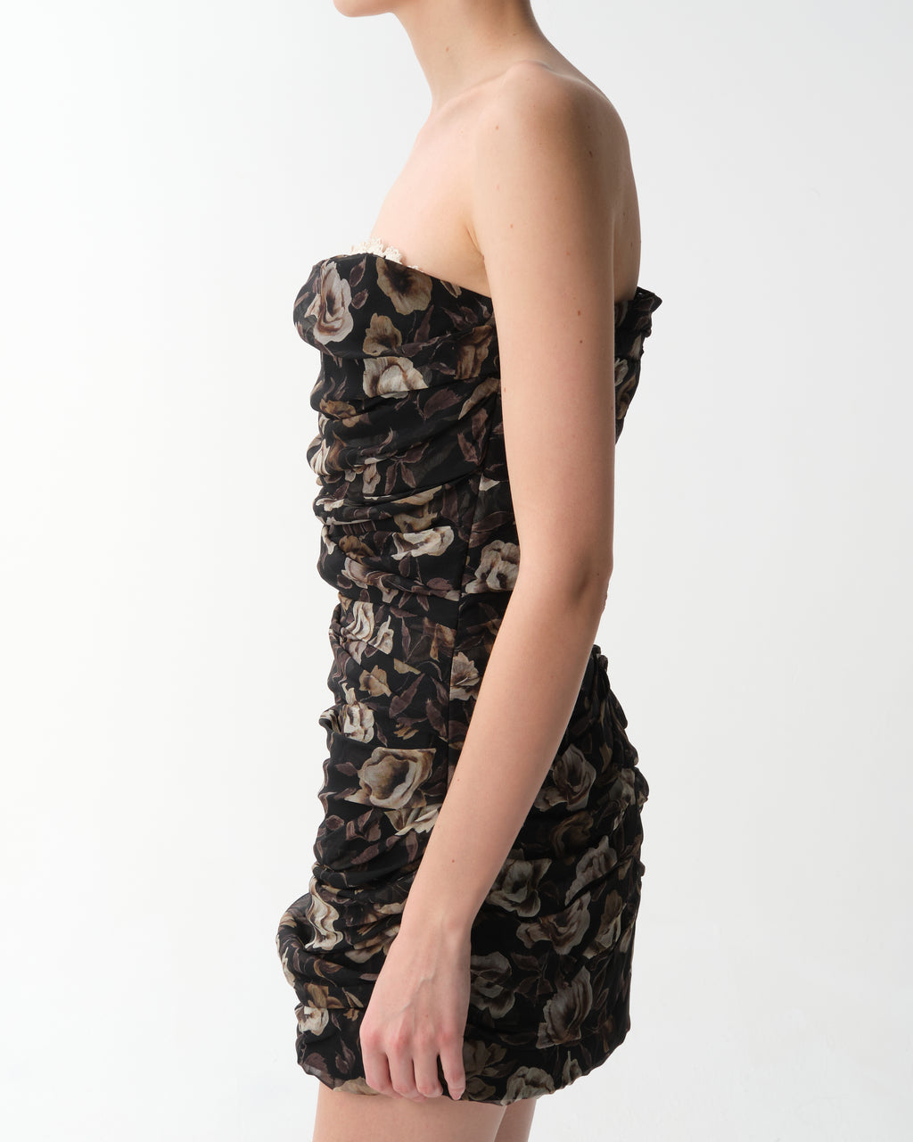 Strapless Ruched Silk Mini Dress