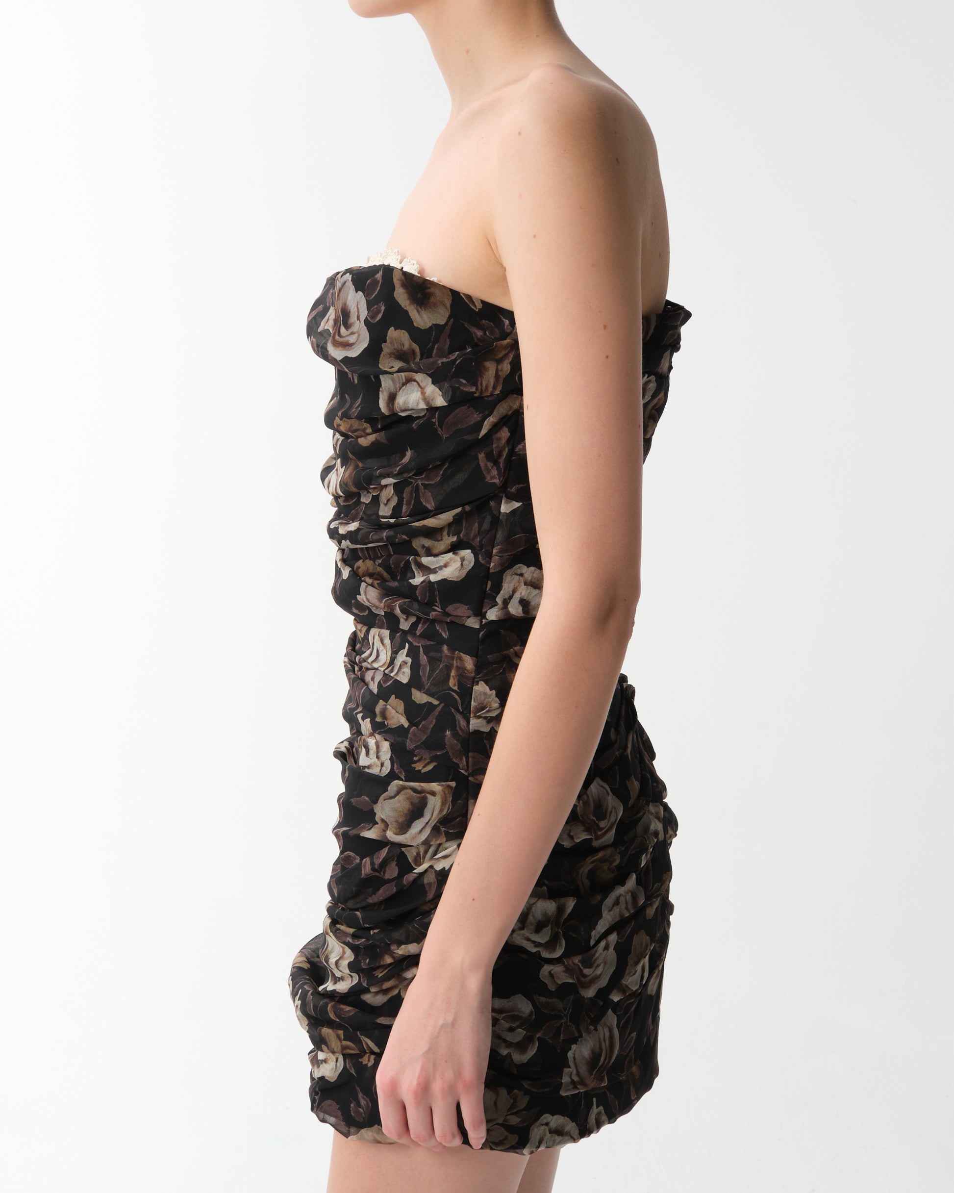 Strapless Ruched Silk Mini Dress