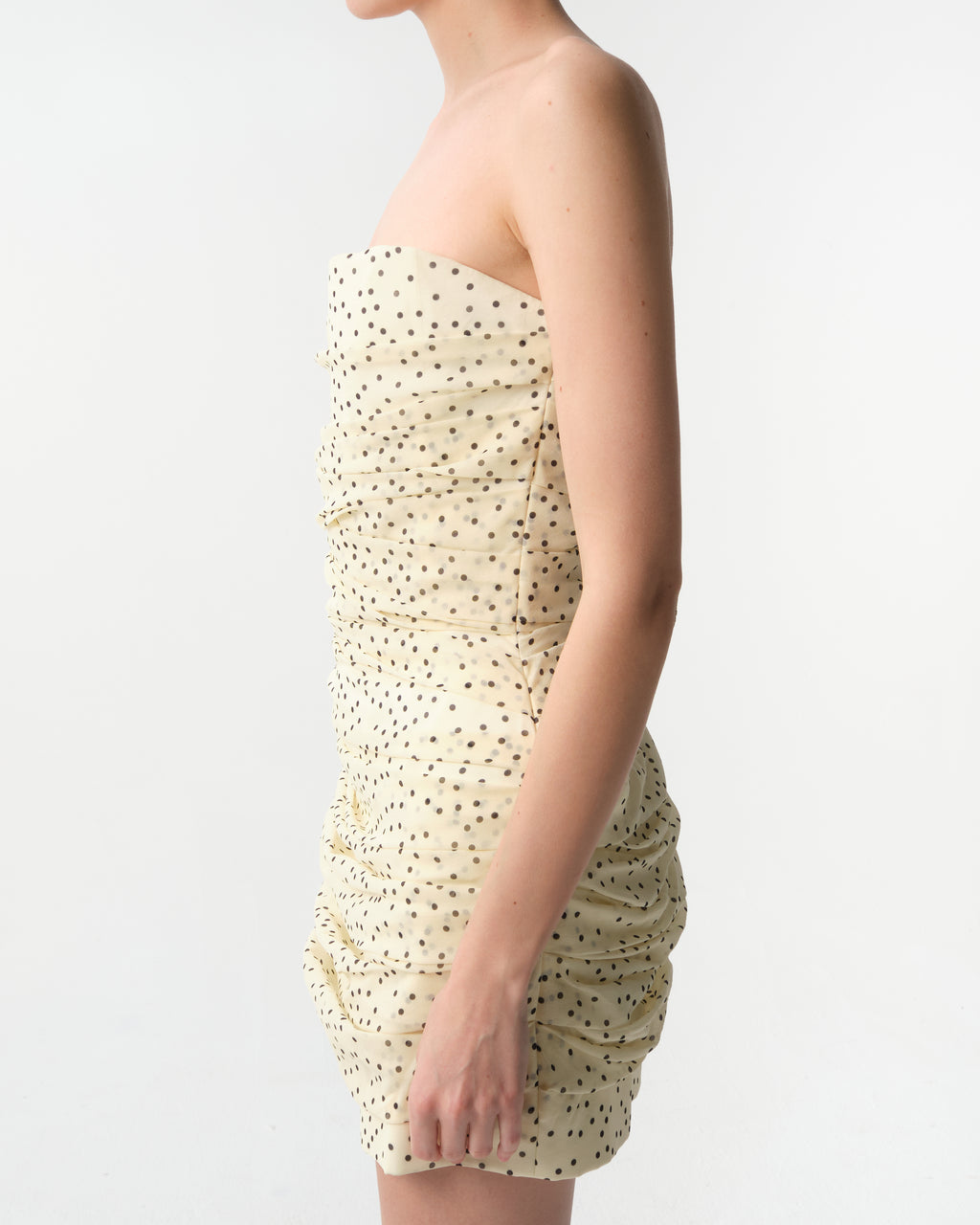 Strapless Ruched Polka-Dot Mini Dress