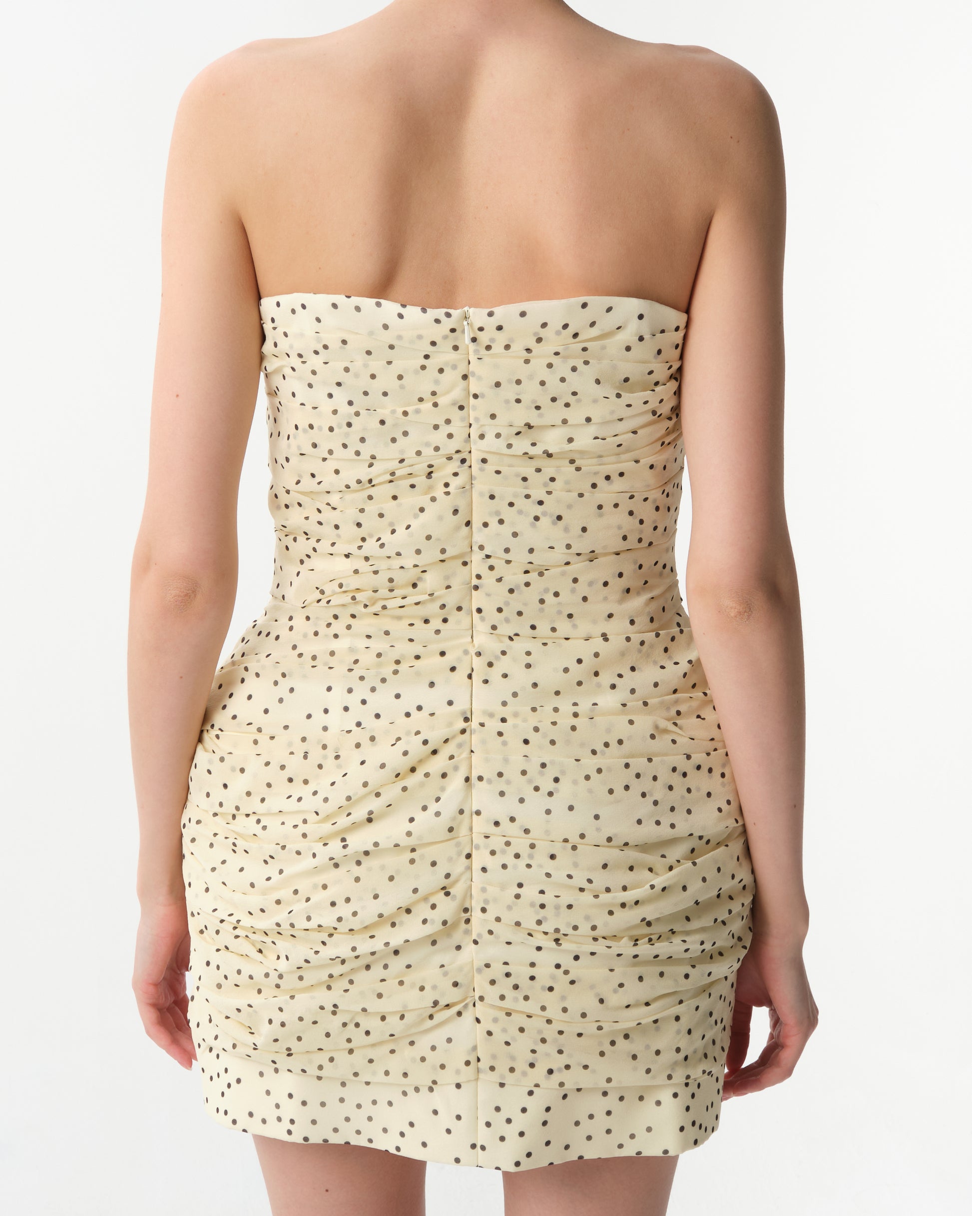Strapless Ruched Polka-Dot Mini Dress