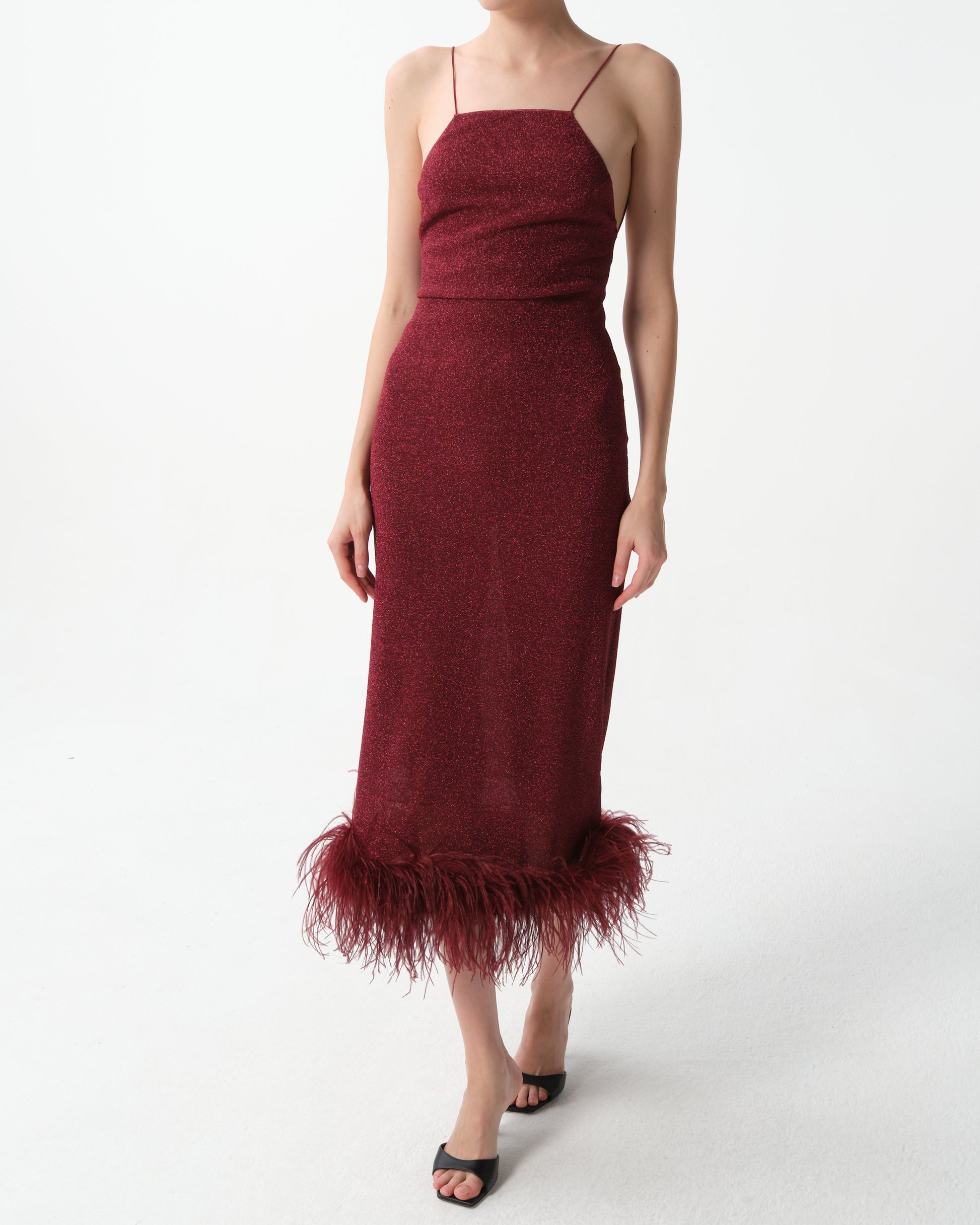 Feather-Trimmed Sparkle Midi Dress