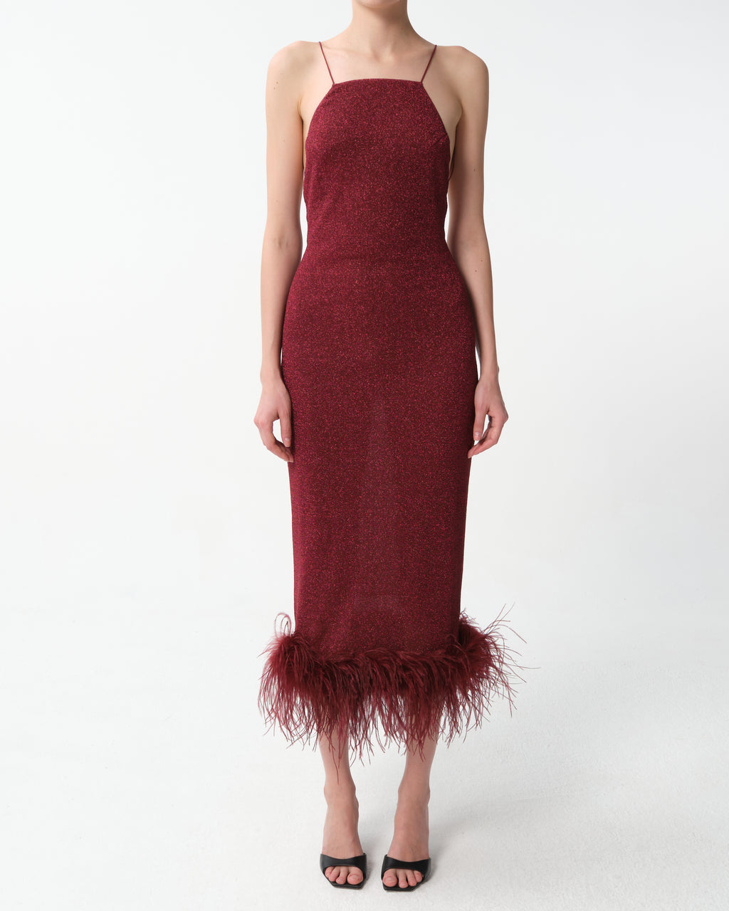 Feather-Trimmed Sparkle Midi Dress