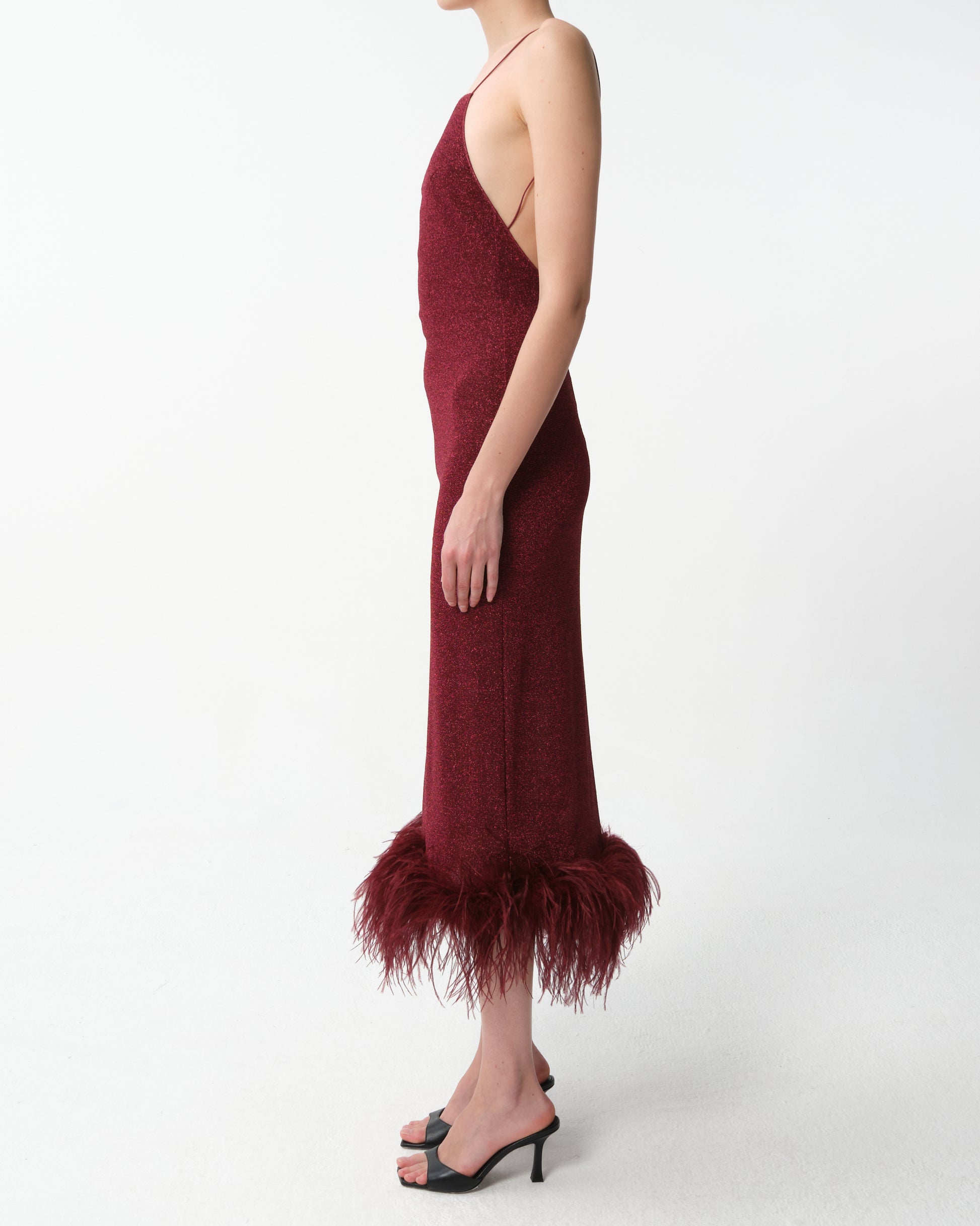 Feather-Trimmed Sparkle Midi Dress