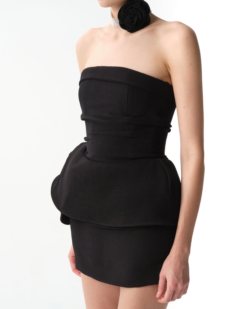 Sculptural Peplum Strapless Mini Dress