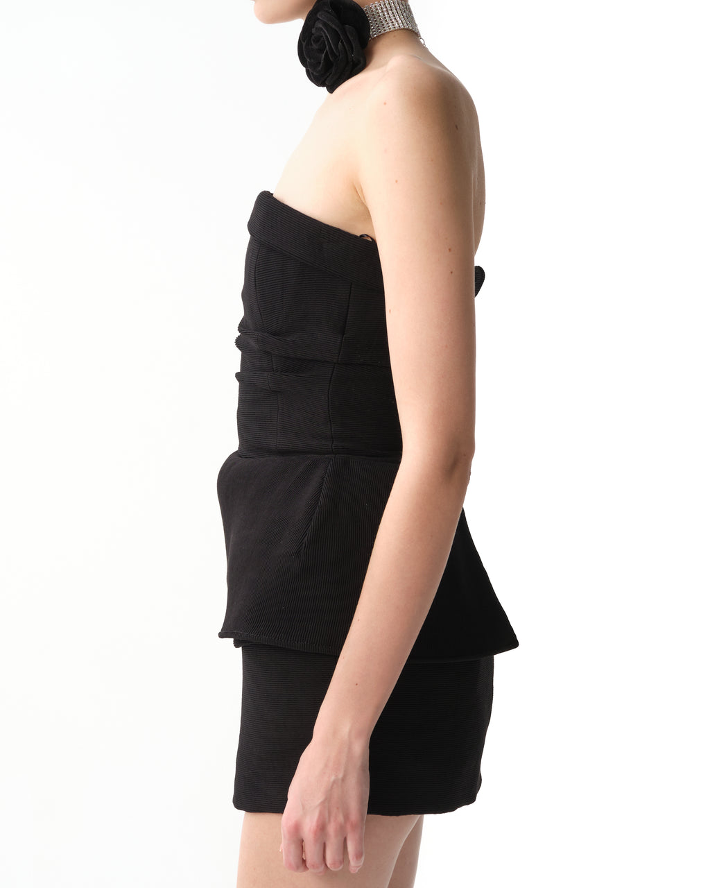 Sculptural Peplum Strapless Mini Dress
