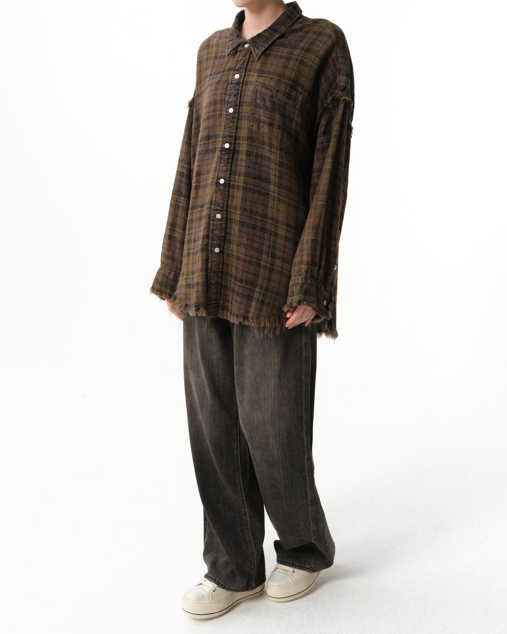 Shredded Seam Plaid Cotton Shirt