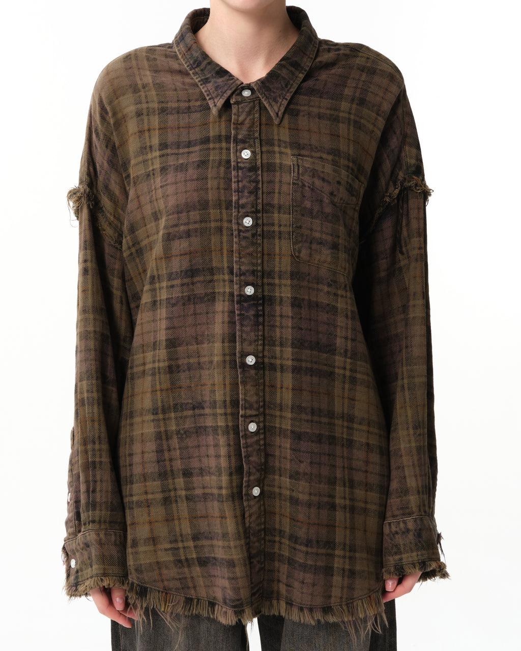 Shredded Seam Plaid Cotton Shirt