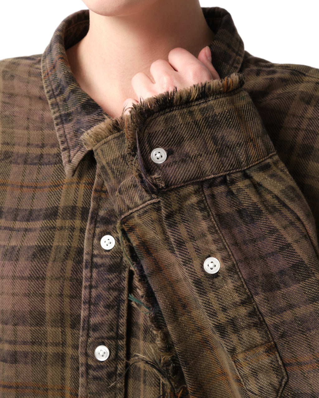 Shredded Seam Plaid Cotton Shirt