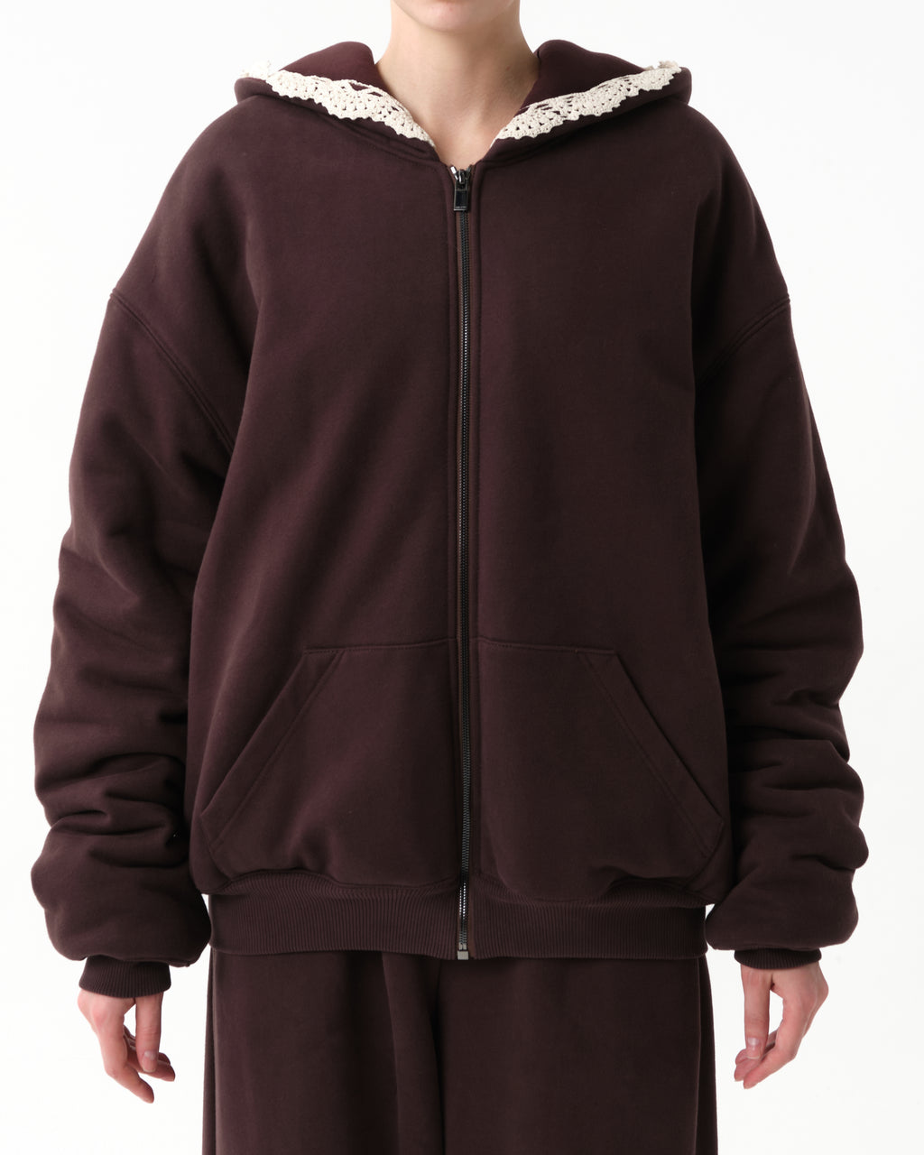 Lace-Detail Zip-Up Hoodie