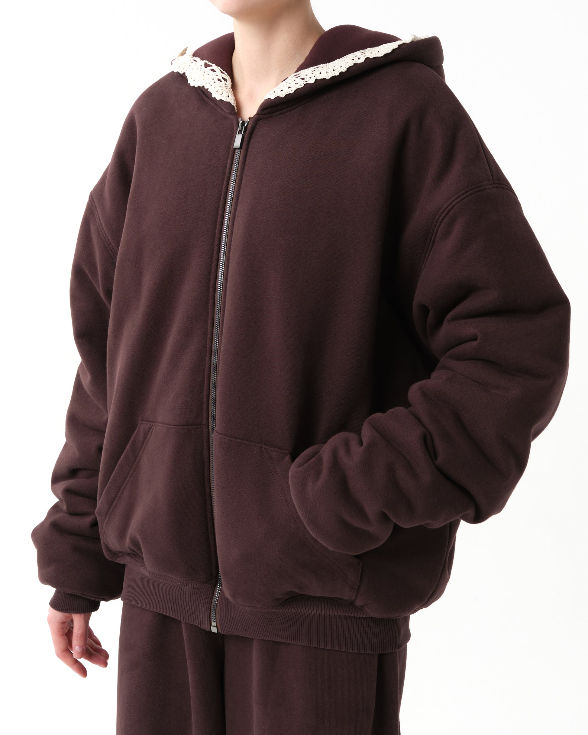 Lace-Detail Zip-Up Hoodie