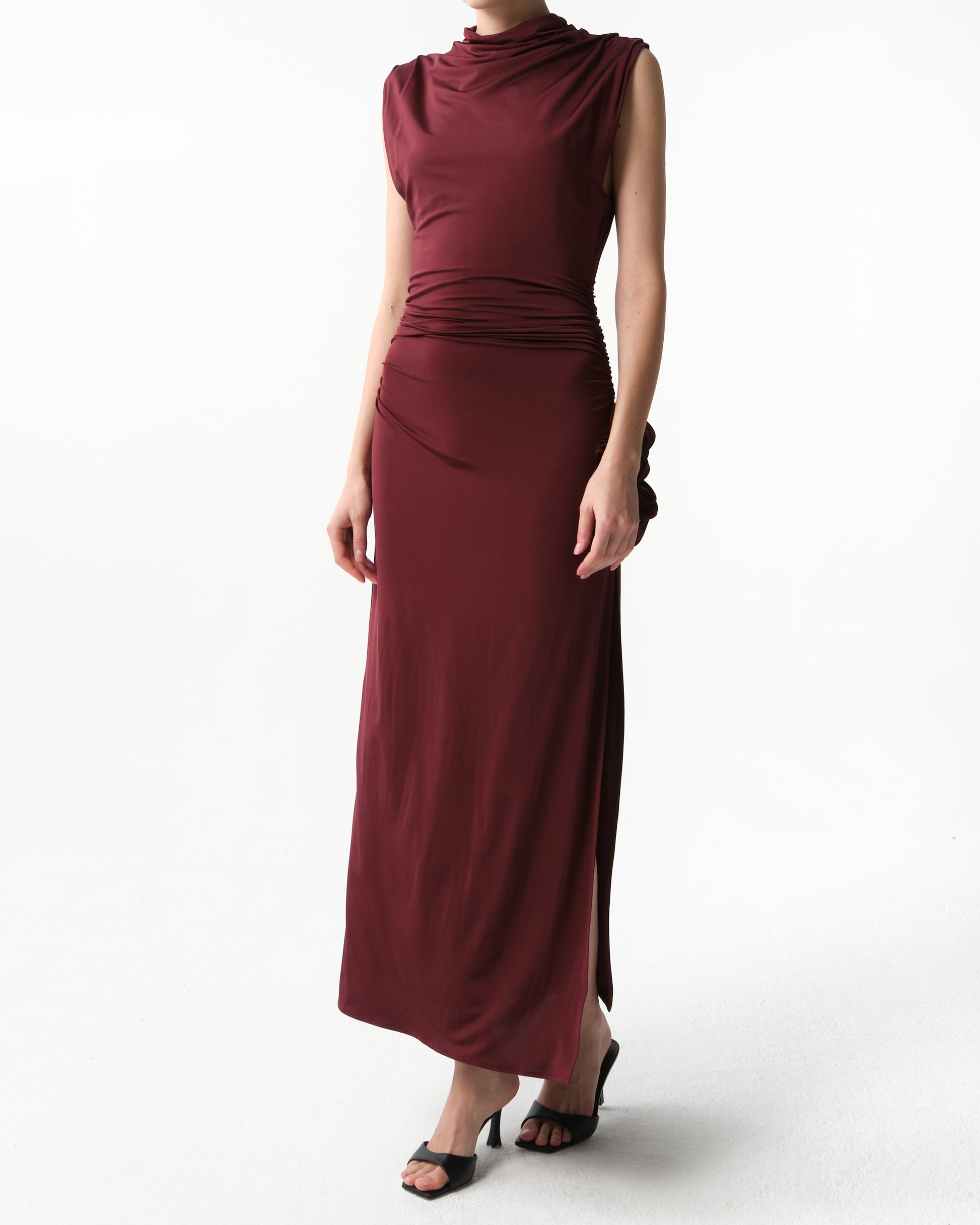 Draped High-Neck Midi Dress in Burgundy