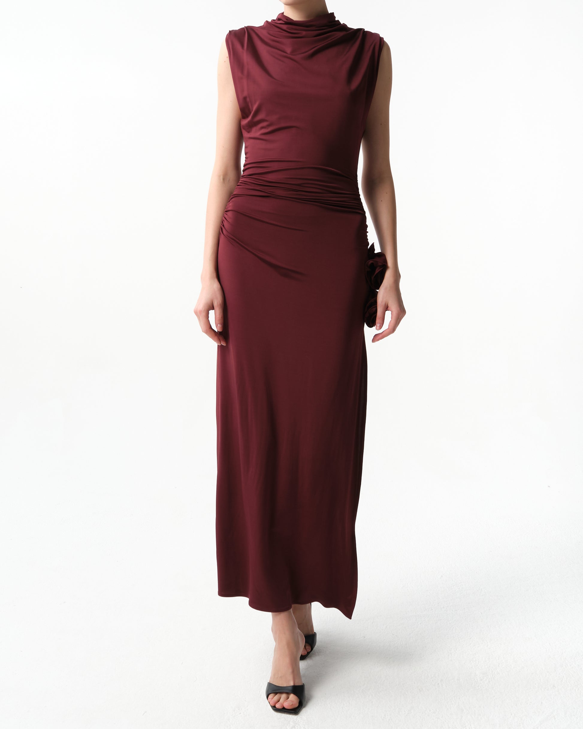 Draped High-Neck Midi Dress in Burgundy