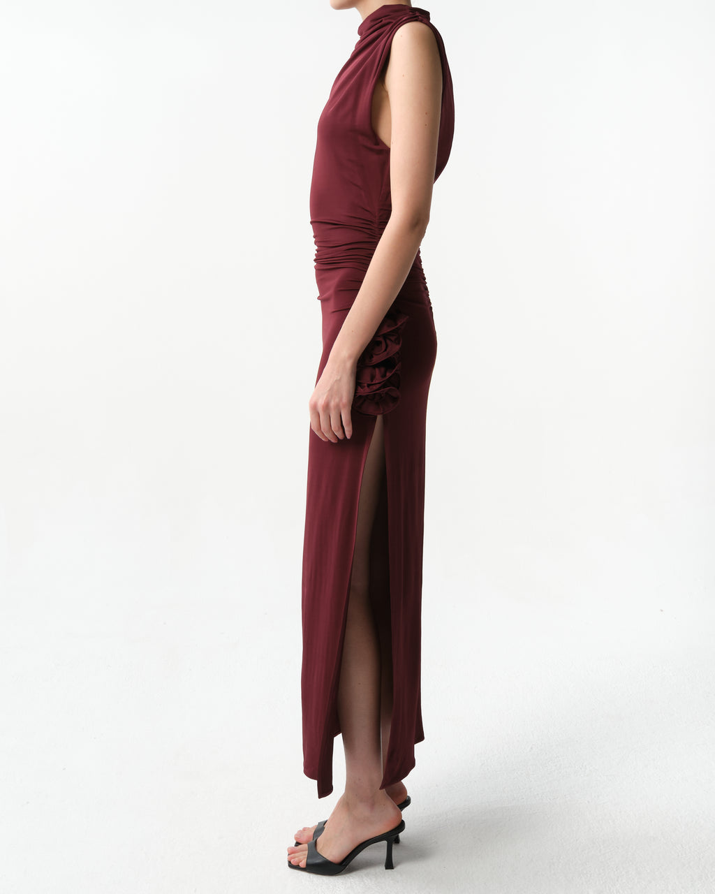 Draped High-Neck Midi Dress in Burgundy