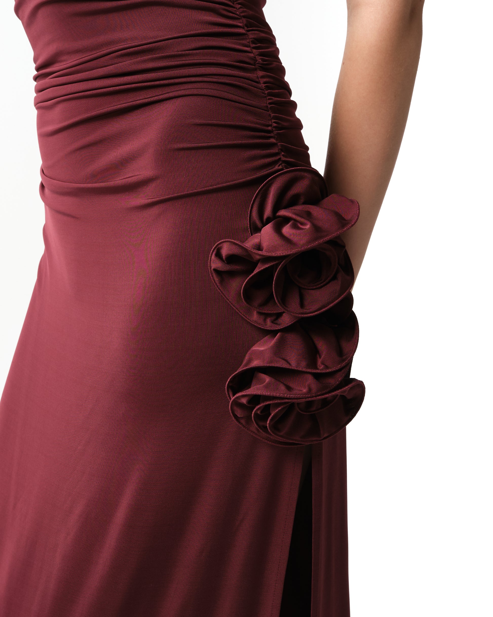 Draped High-Neck Midi Dress in Burgundy