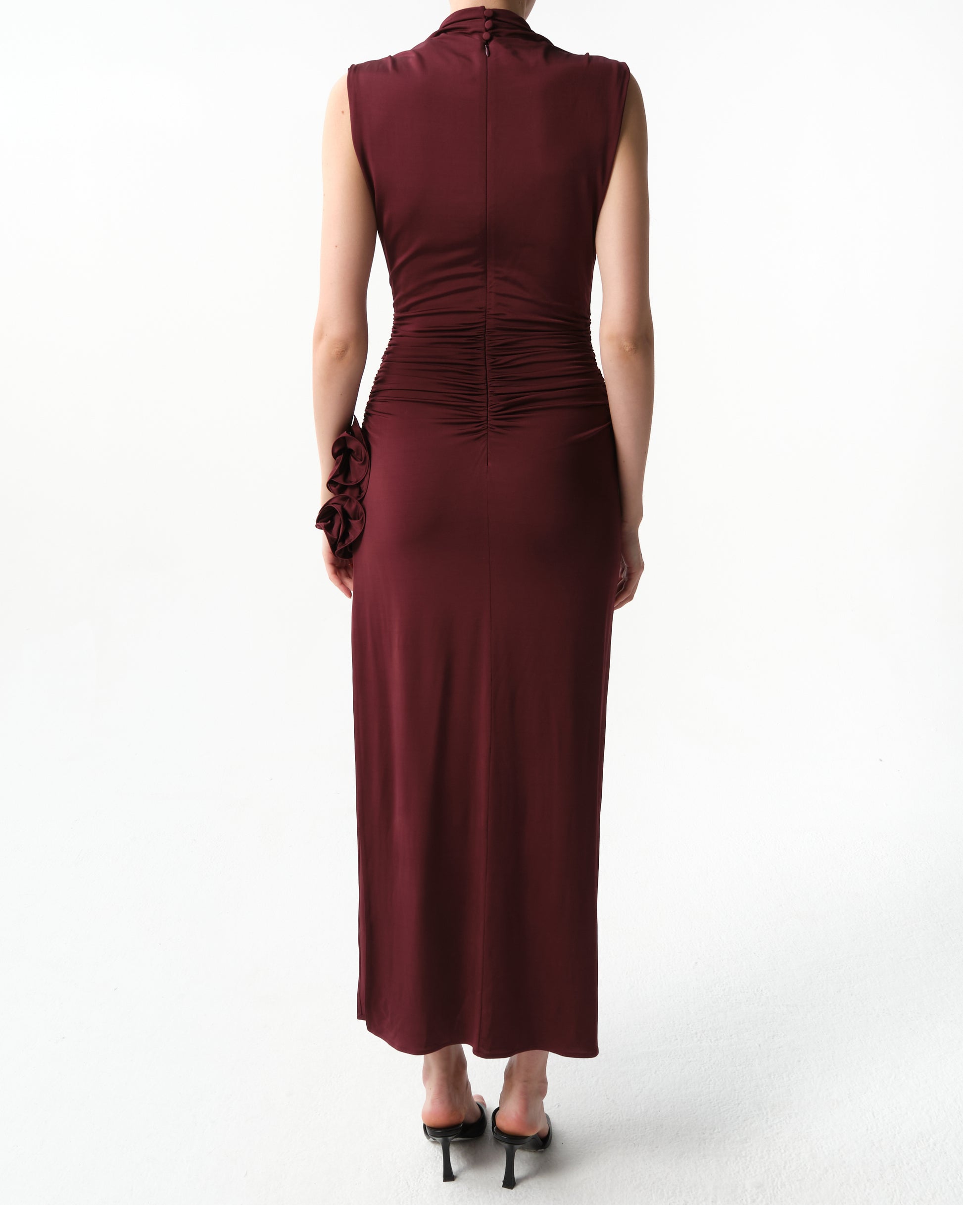 Draped High-Neck Midi Dress in Burgundy
