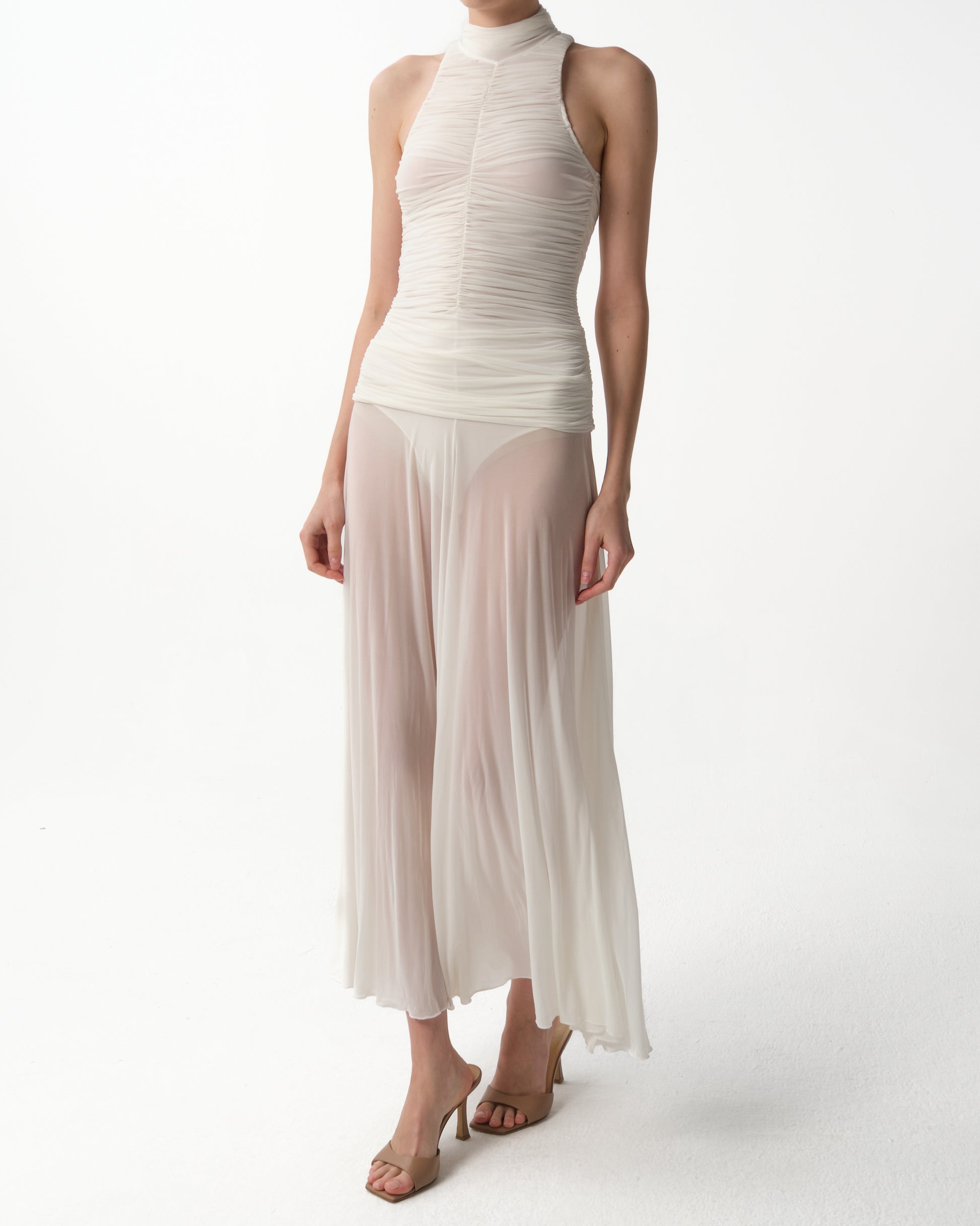 Ruched Sheer High-Neck Maxi Dress