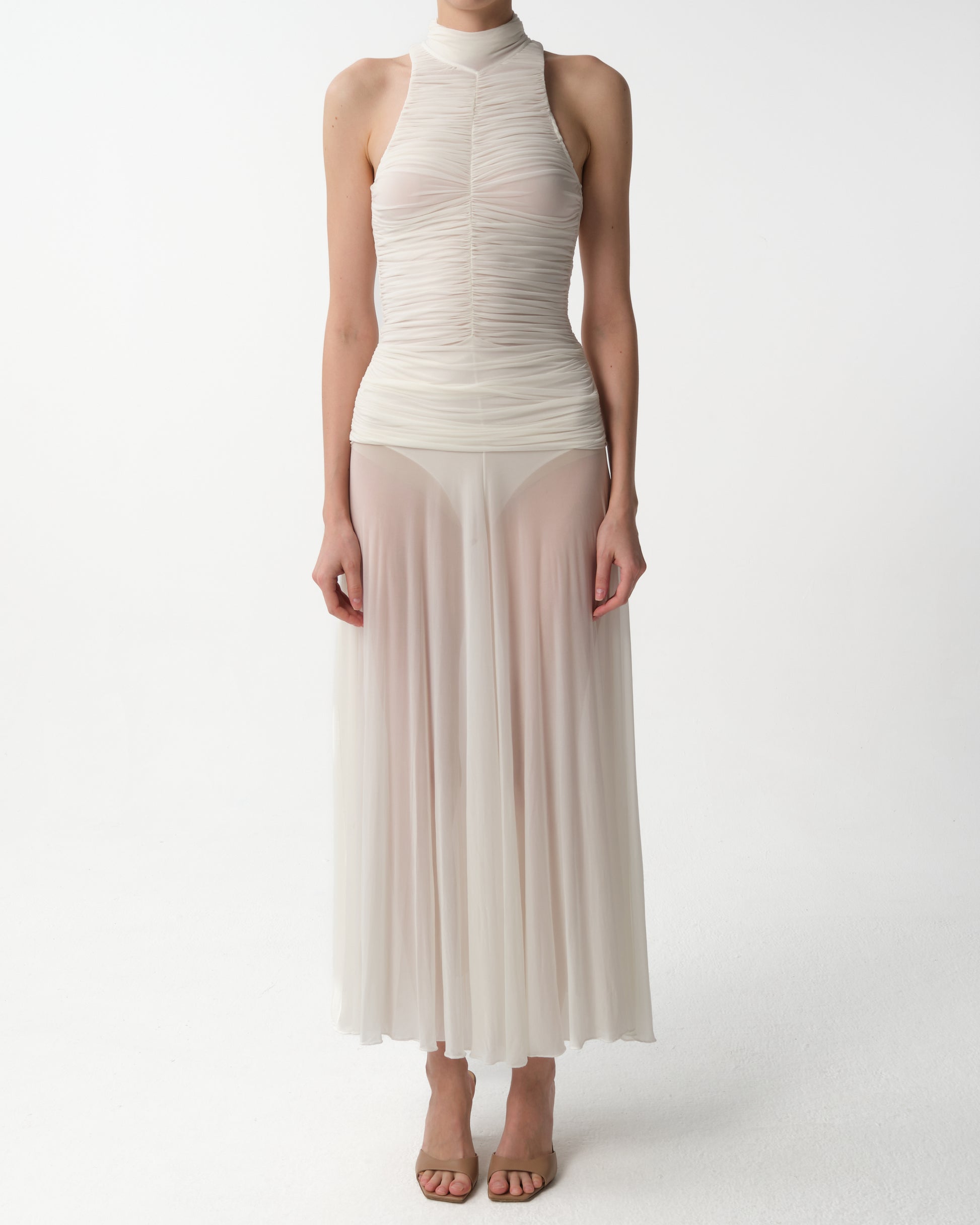 Ruched Sheer High-Neck Maxi Dress