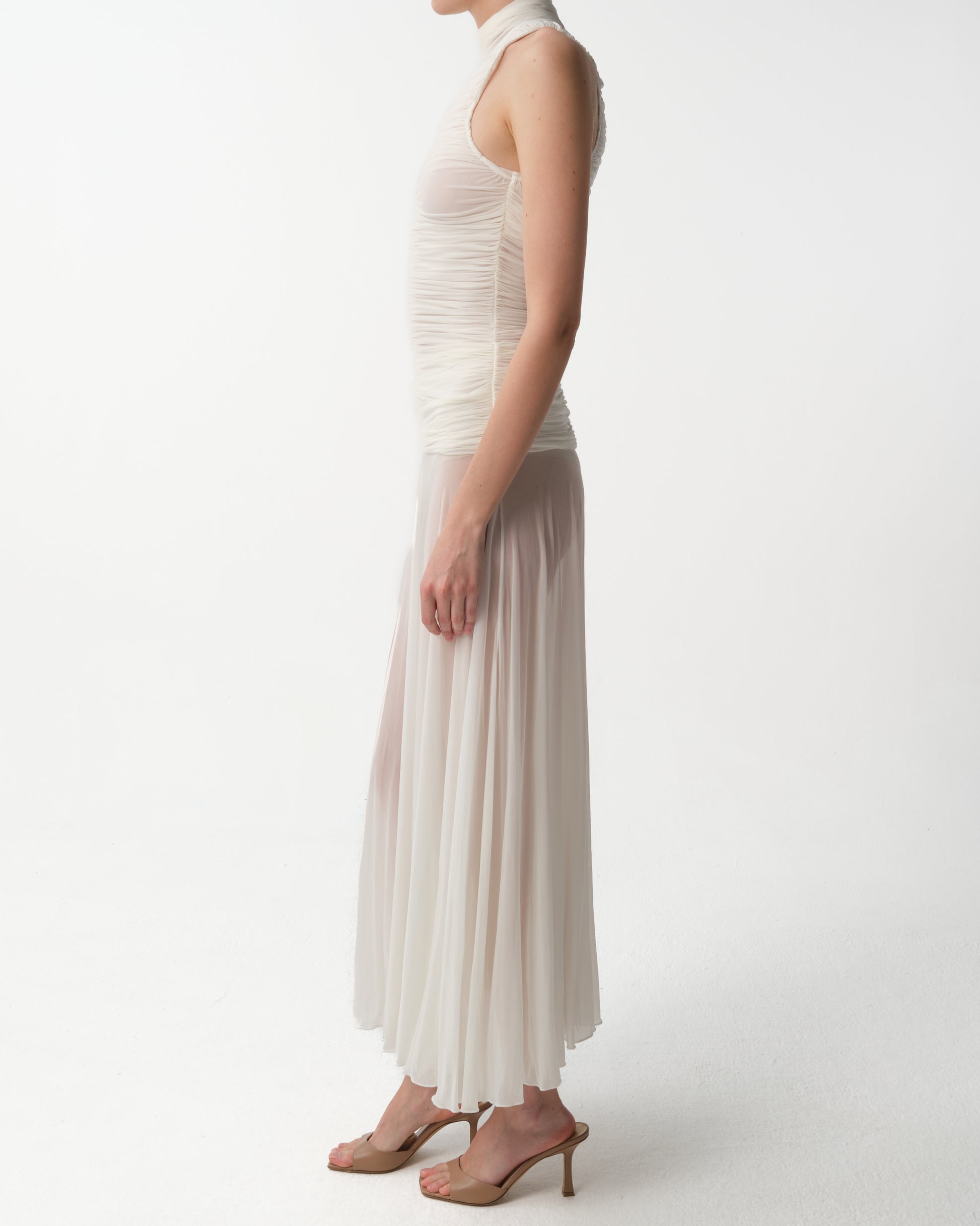 Ruched Sheer High-Neck Maxi Dress