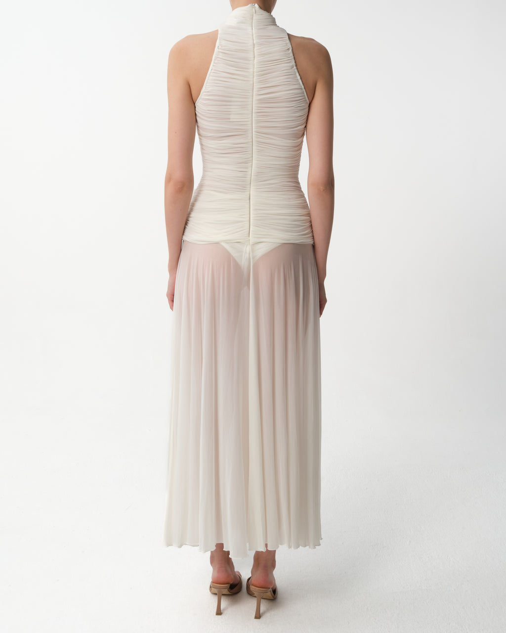 Ruched Sheer High-Neck Maxi Dress