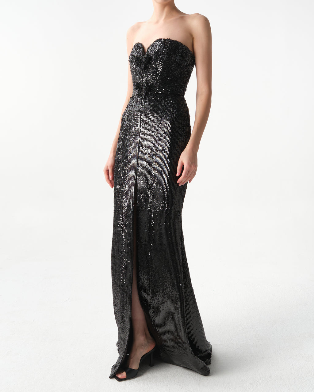 Black Embellished Sequins Strapless Gown