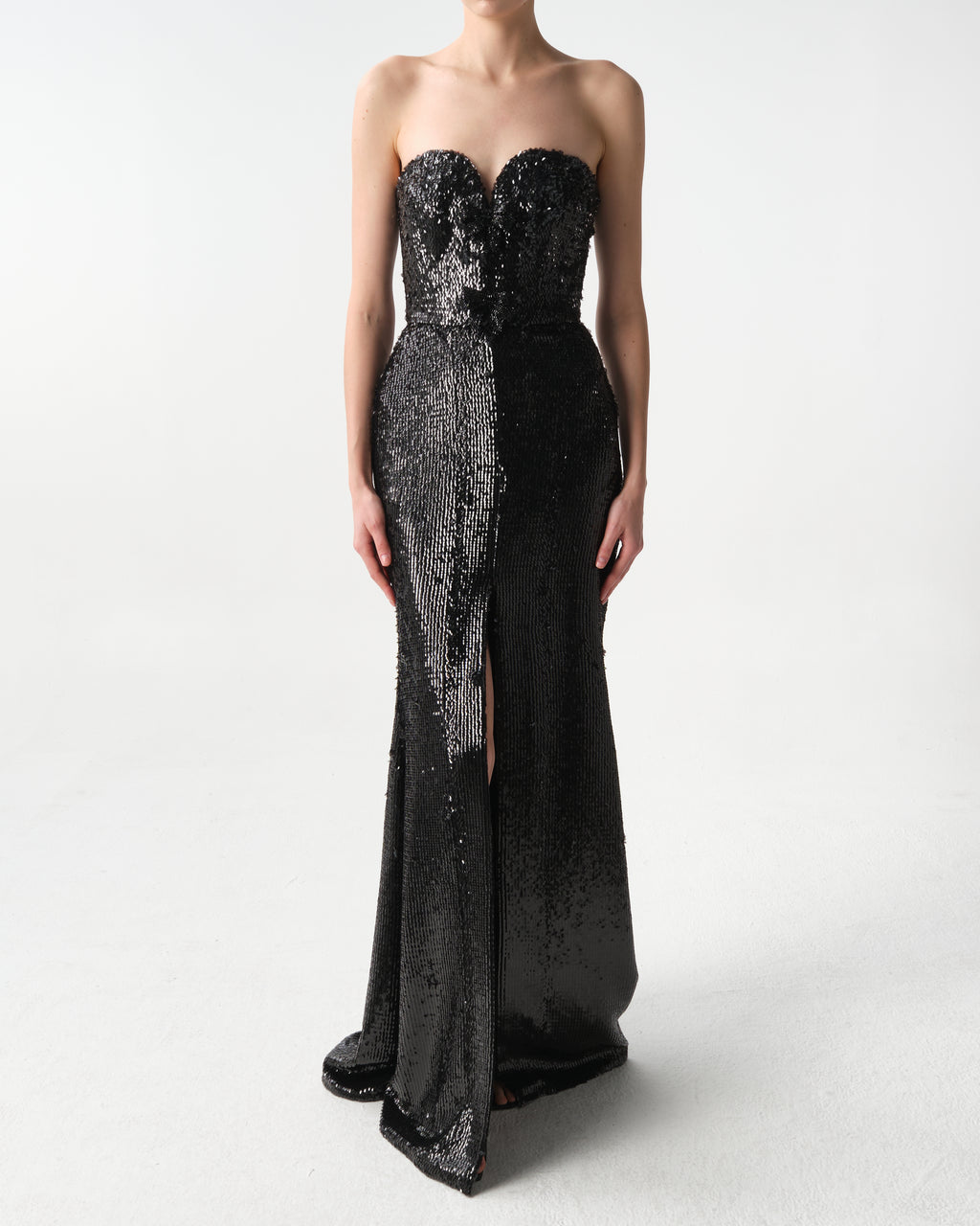 Black Embellished Sequins Strapless Gown