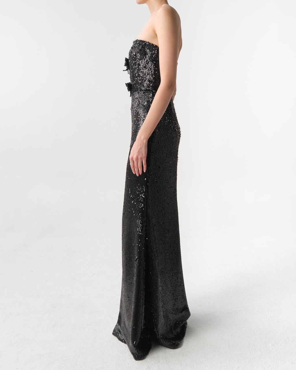 Black Embellished Sequins Strapless Gown