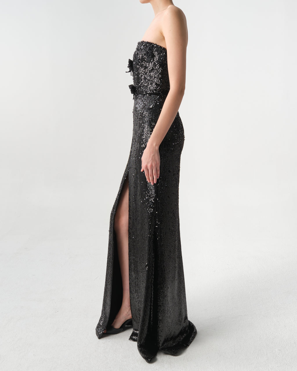 Black Embellished Sequins Strapless Gown
