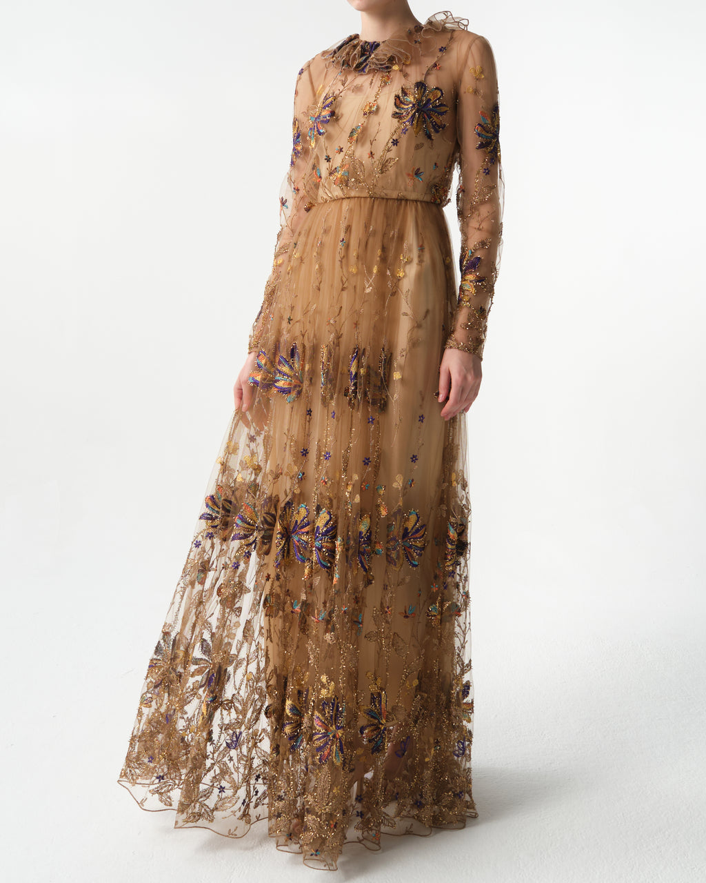 Embroidered-Flowers Tulle-Ruffle Dress