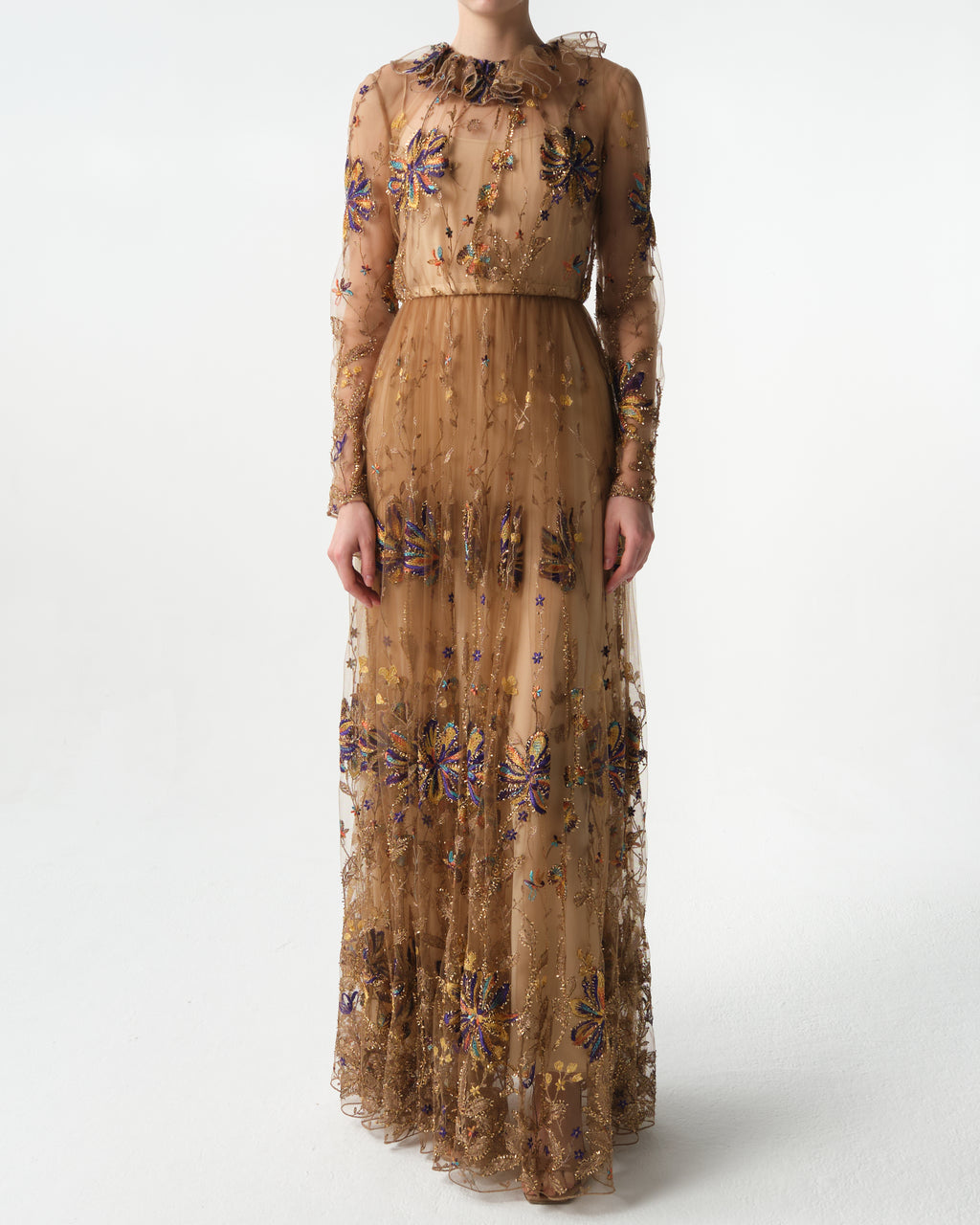 Embroidered-Flowers Tulle-Ruffle Dress