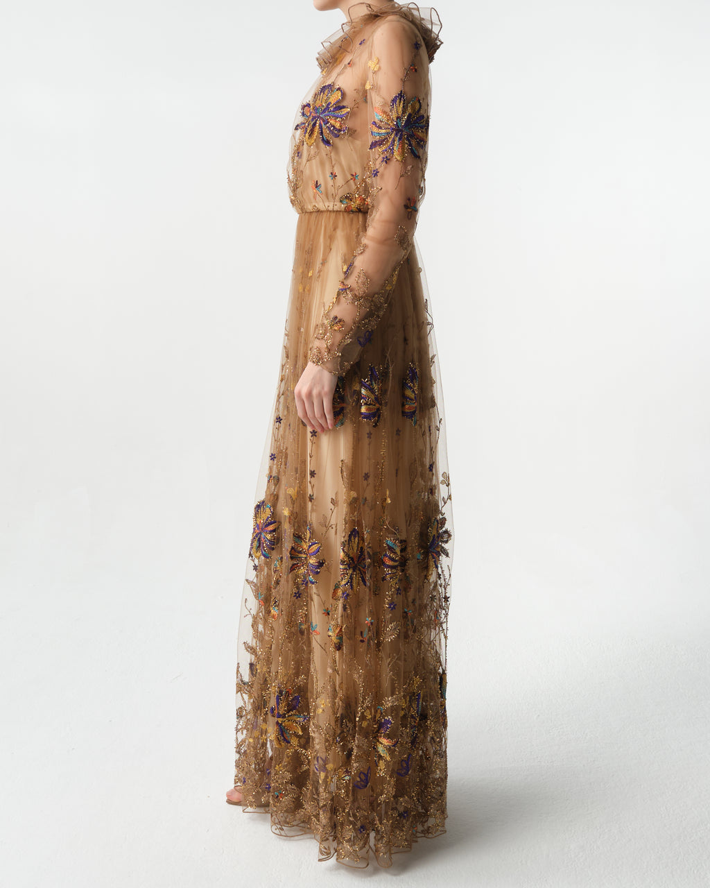 Embroidered-Flowers Tulle-Ruffle Dress