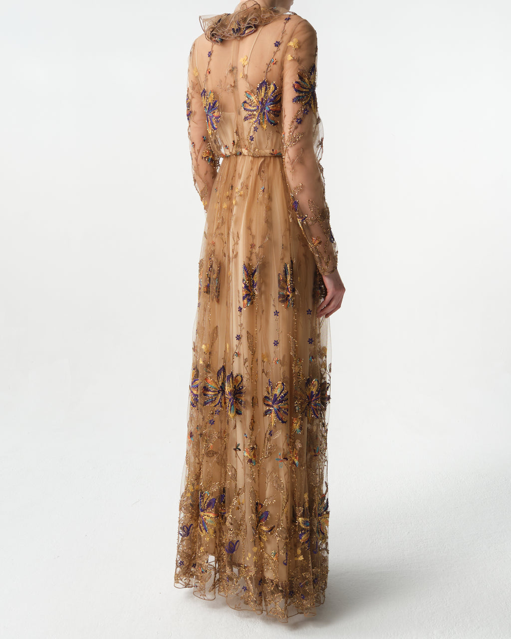 Embroidered-Flowers Tulle-Ruffle Dress