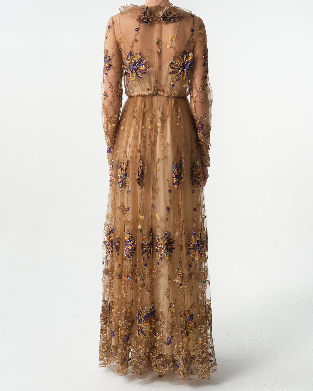 Embroidered-Flowers Tulle-Ruffle Dress