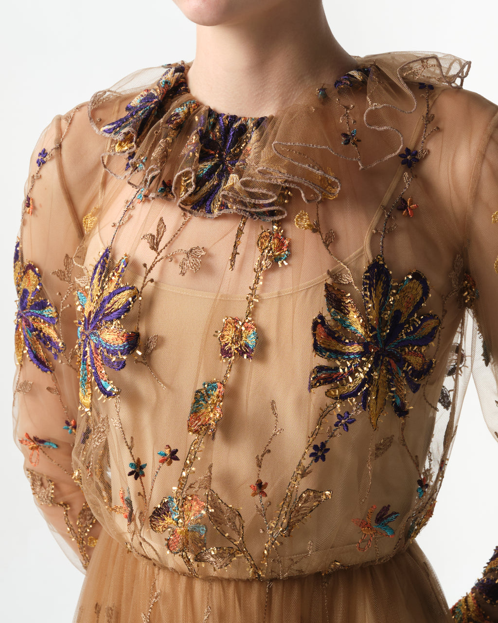 Embroidered-Flowers Tulle-Ruffle Dress