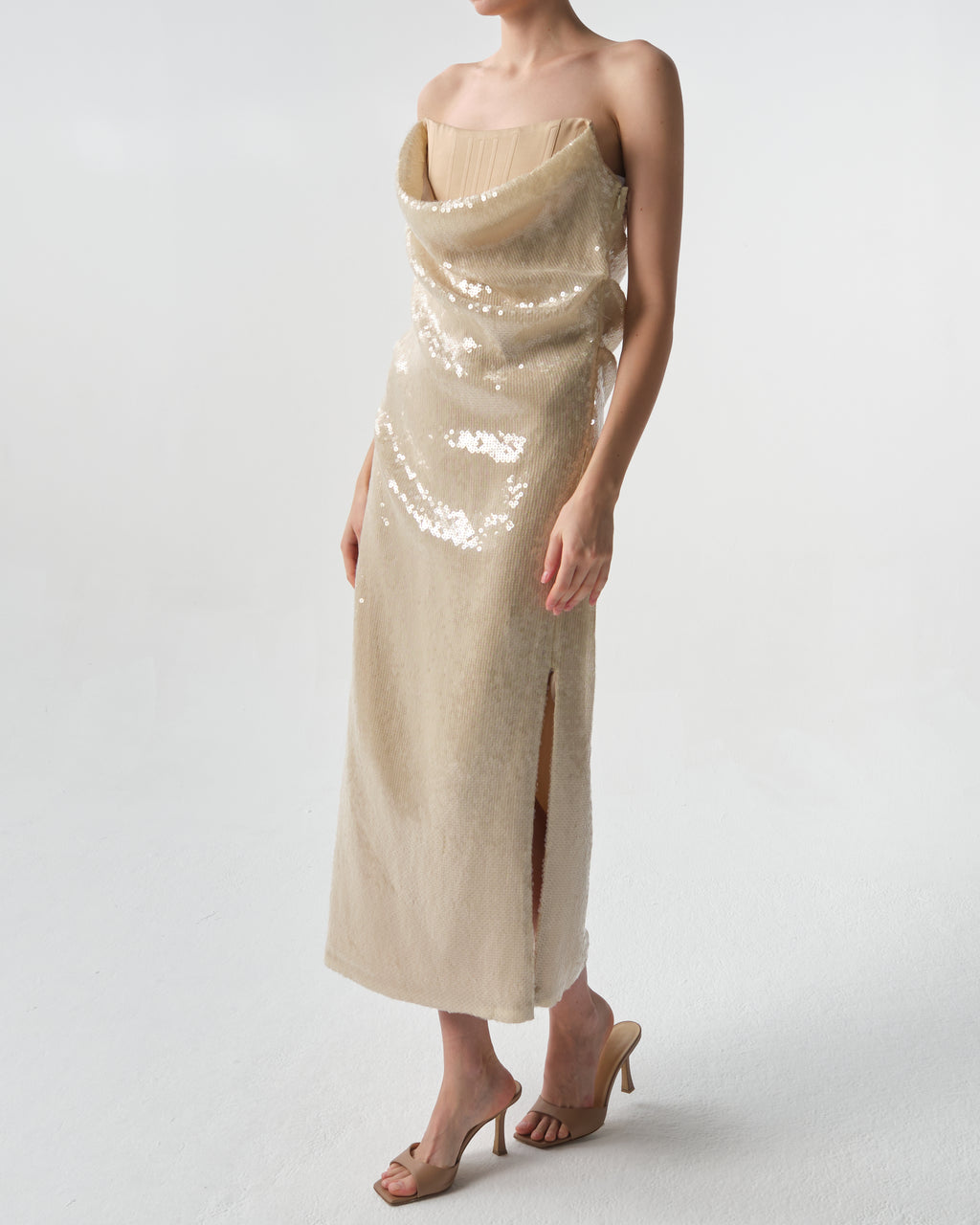 Draped Sequin Bustier Midi Dress