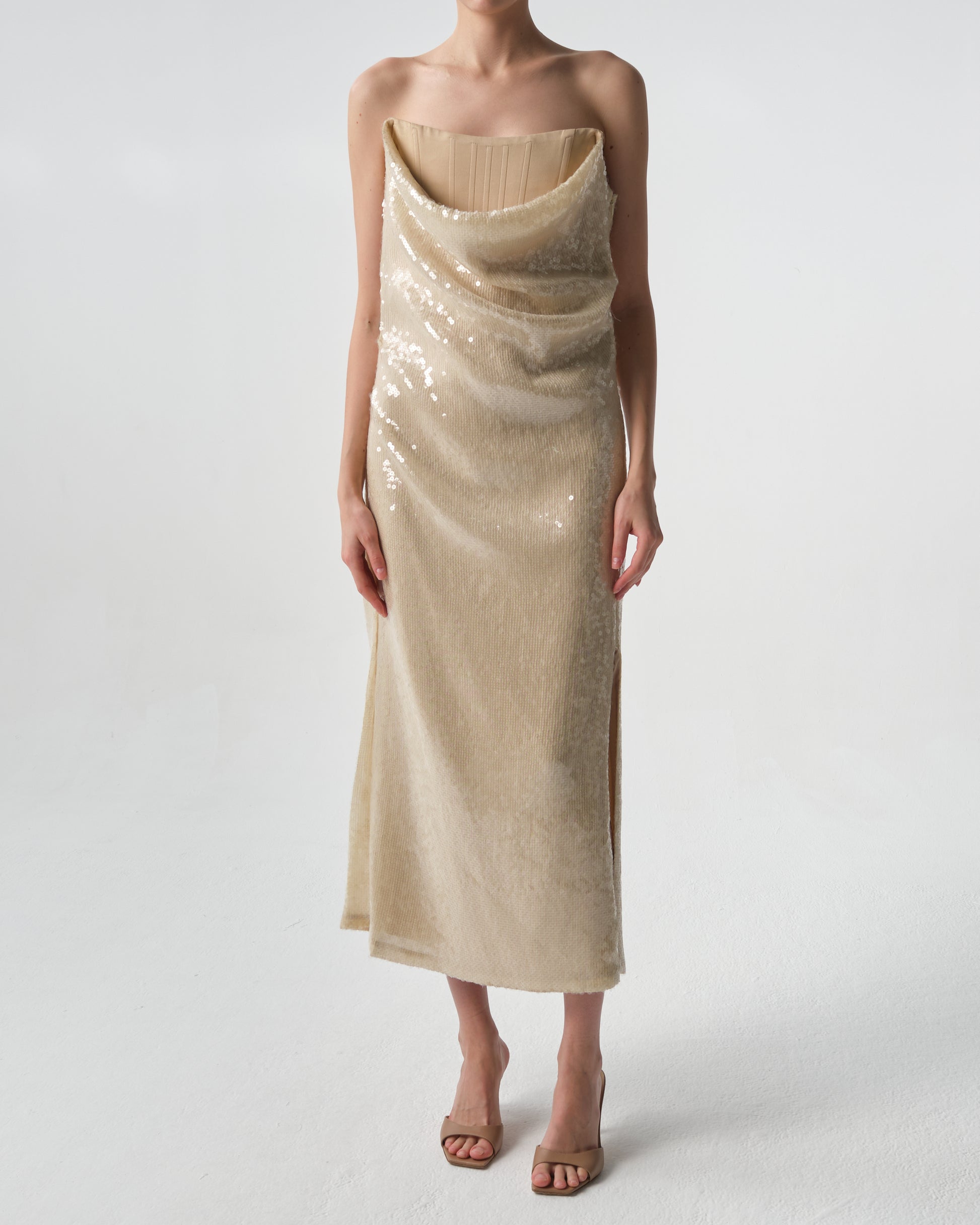 Draped Sequin Bustier Midi Dress