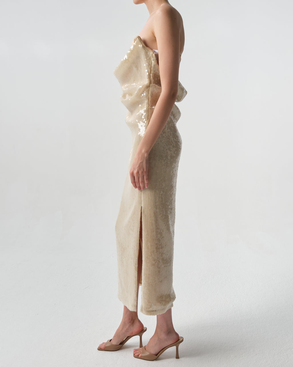 Draped Sequin Bustier Midi Dress