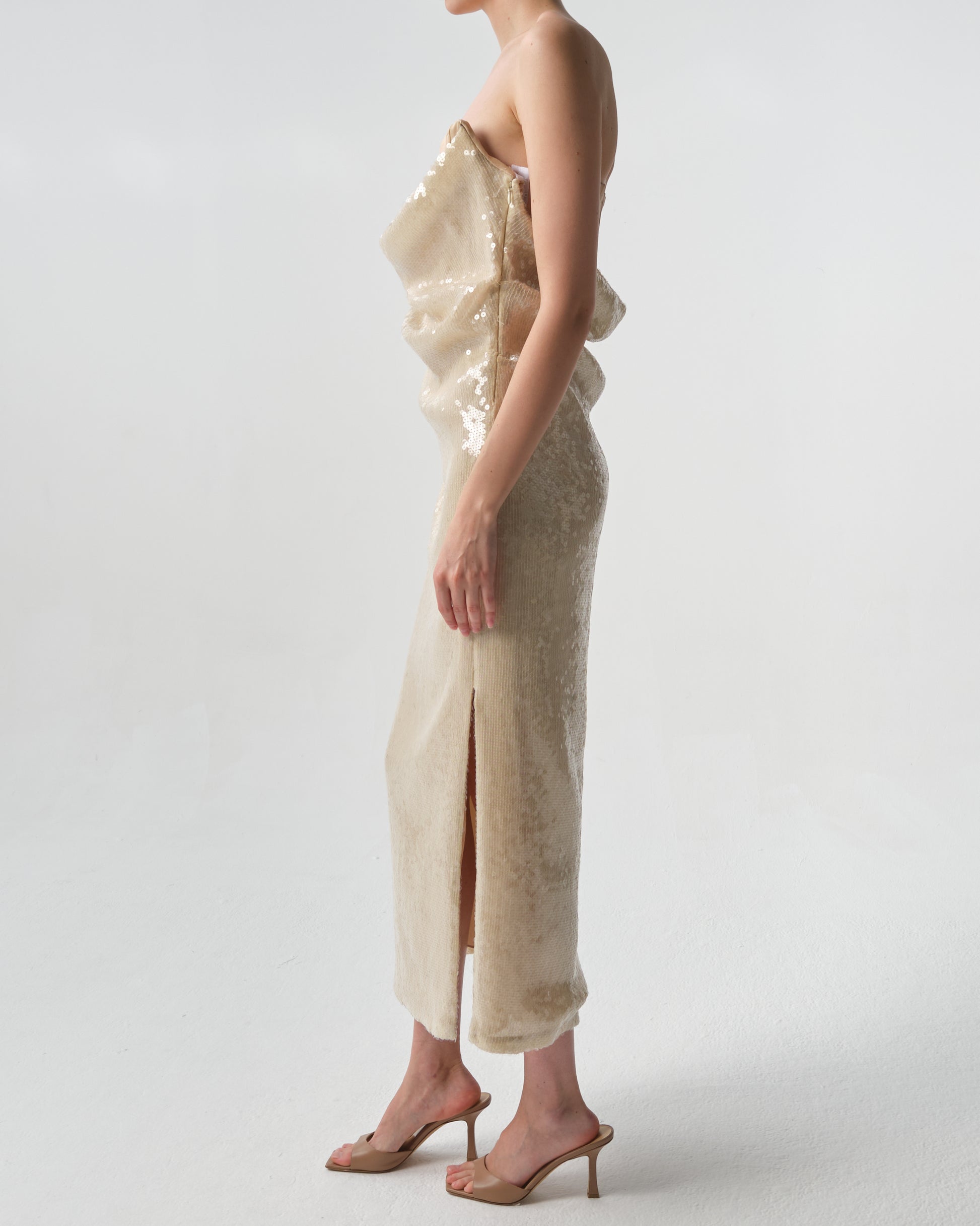 Draped Sequin Bustier Midi Dress