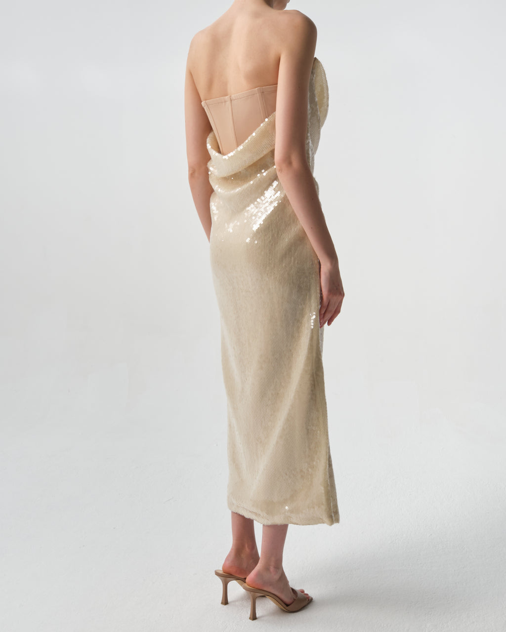 Draped Sequin Bustier Midi Dress