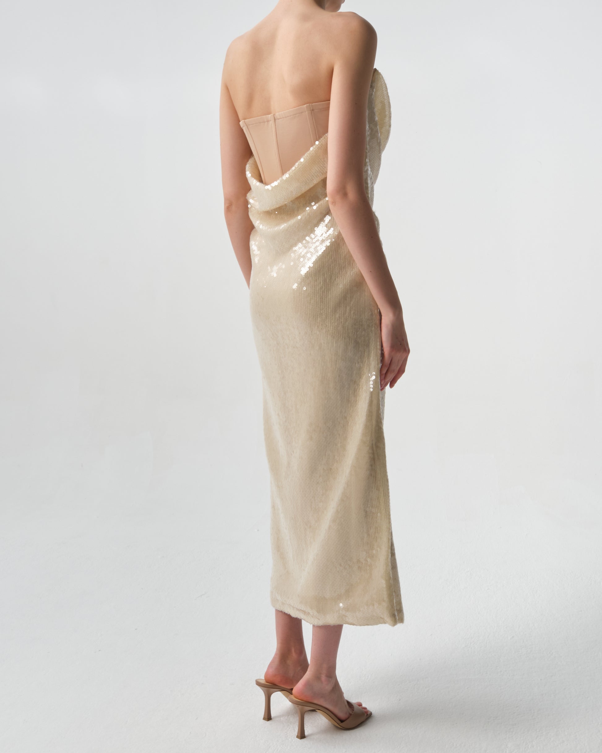 Draped Sequin Bustier Midi Dress