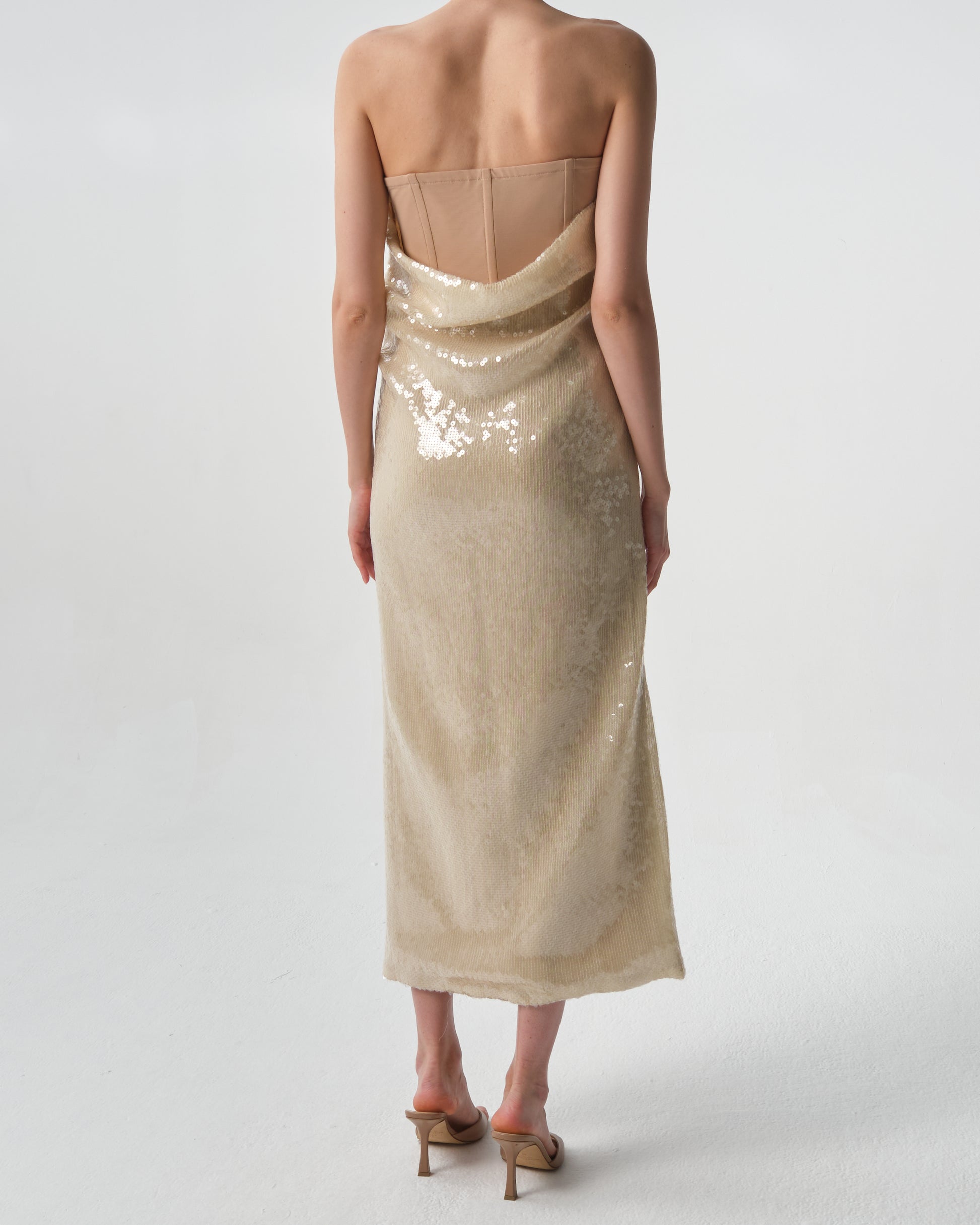 Draped Sequin Bustier Midi Dress