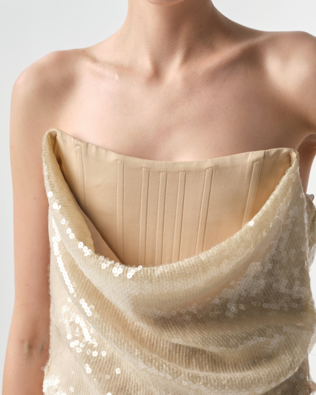 Draped Sequin Bustier Midi Dress