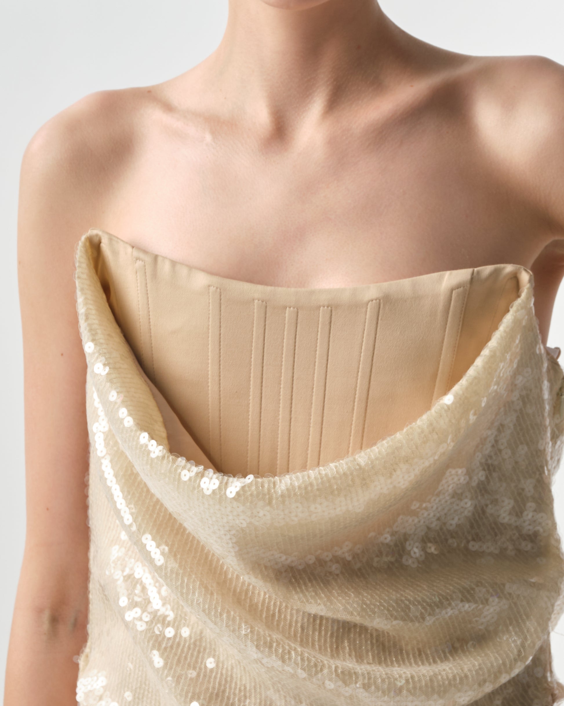 Draped Sequin Bustier Midi Dress
