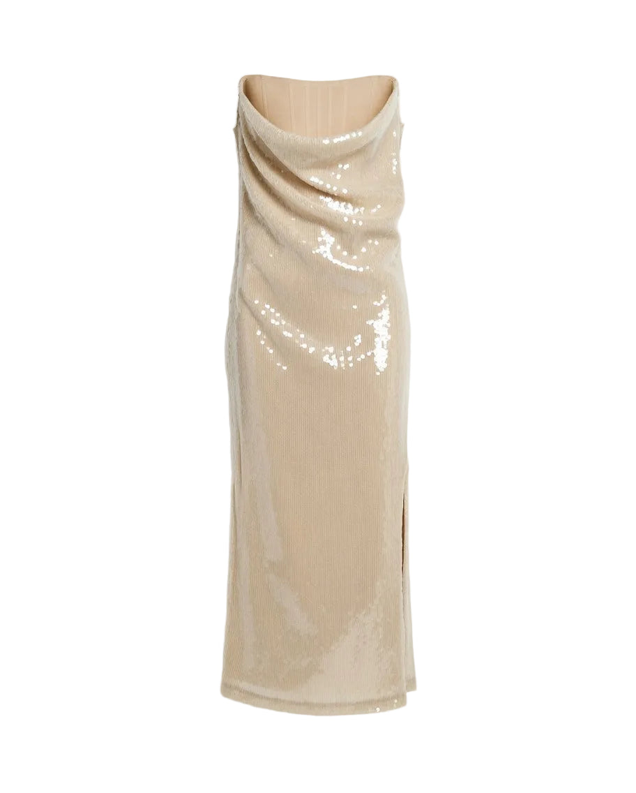 Draped Sequin Bustier Midi Dress