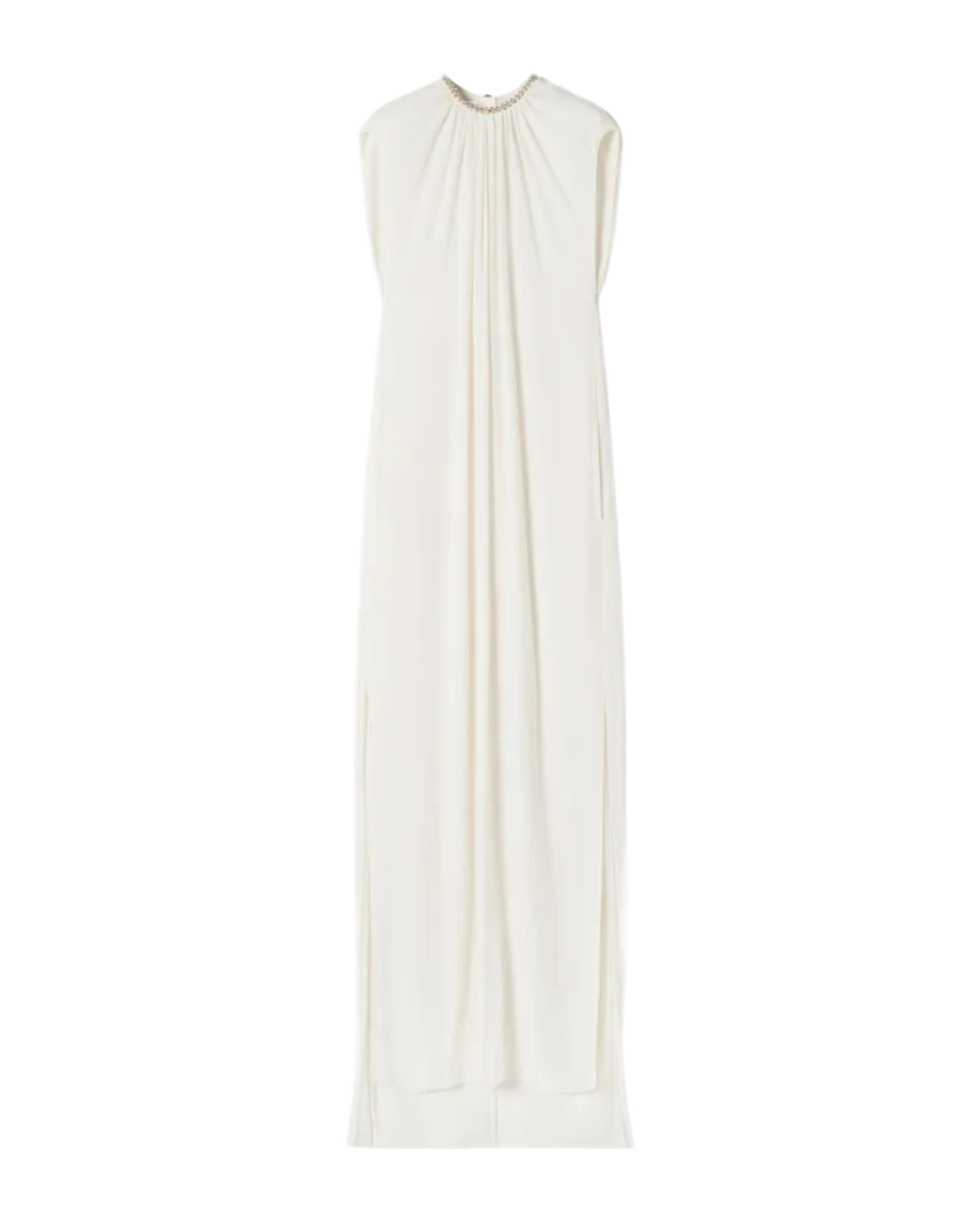 Embellished-Neck Gathered Dress