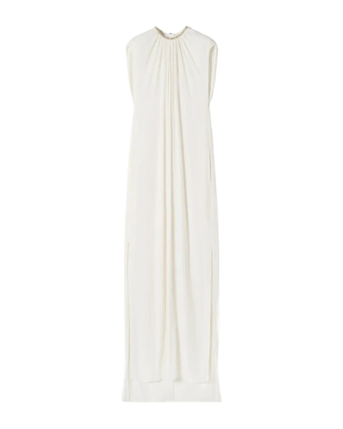 Embellished-Neck Gathered Dress
